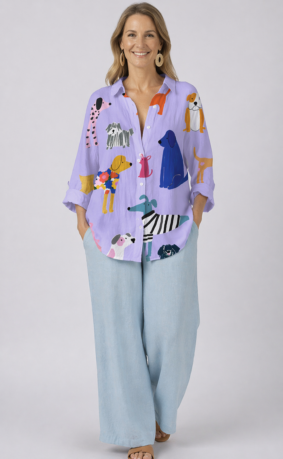Dog Print Button Front Collared Shirt