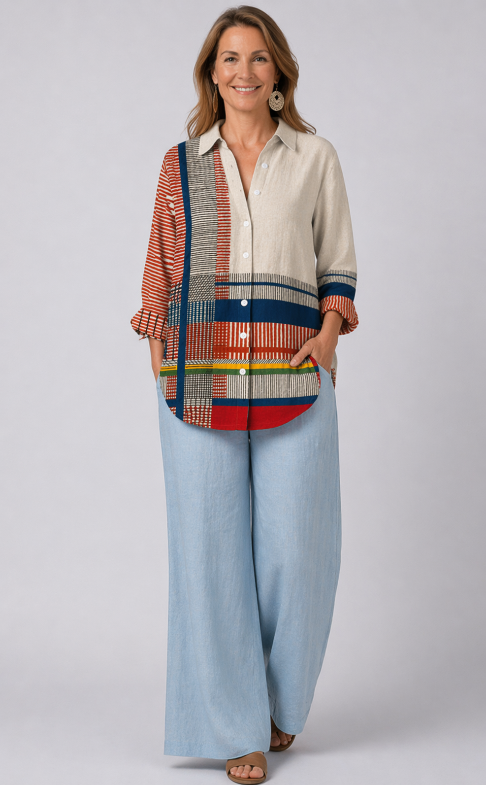 Patchwork Plaid Collared Button Front Longline Shirt
