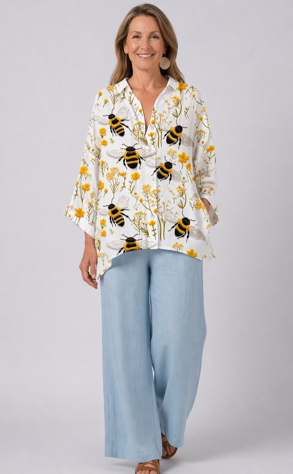 Bee Print Collared Button Front Blouse