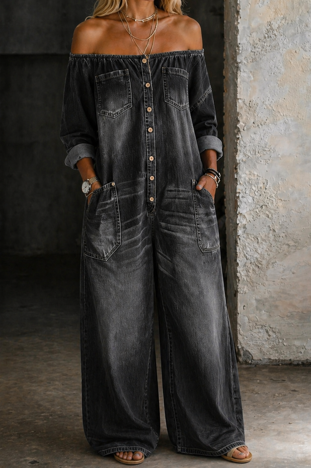 Off Shoulder Long Sleeve Button Front Wide Leg Denim Jumpsuit