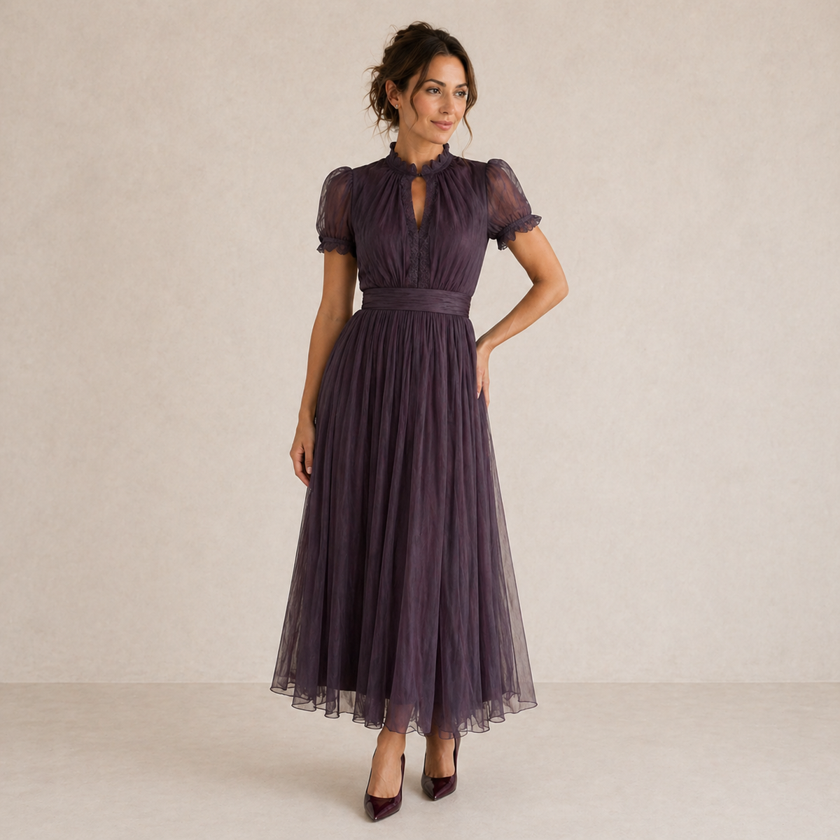 Tulle High Neck Keyhole Puff Sleeve Pleated Maxi Dress
