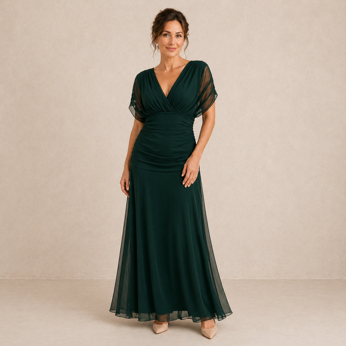 Chiffon V-Neck Batwing Sleeve Ruched Waist Maxi Gown