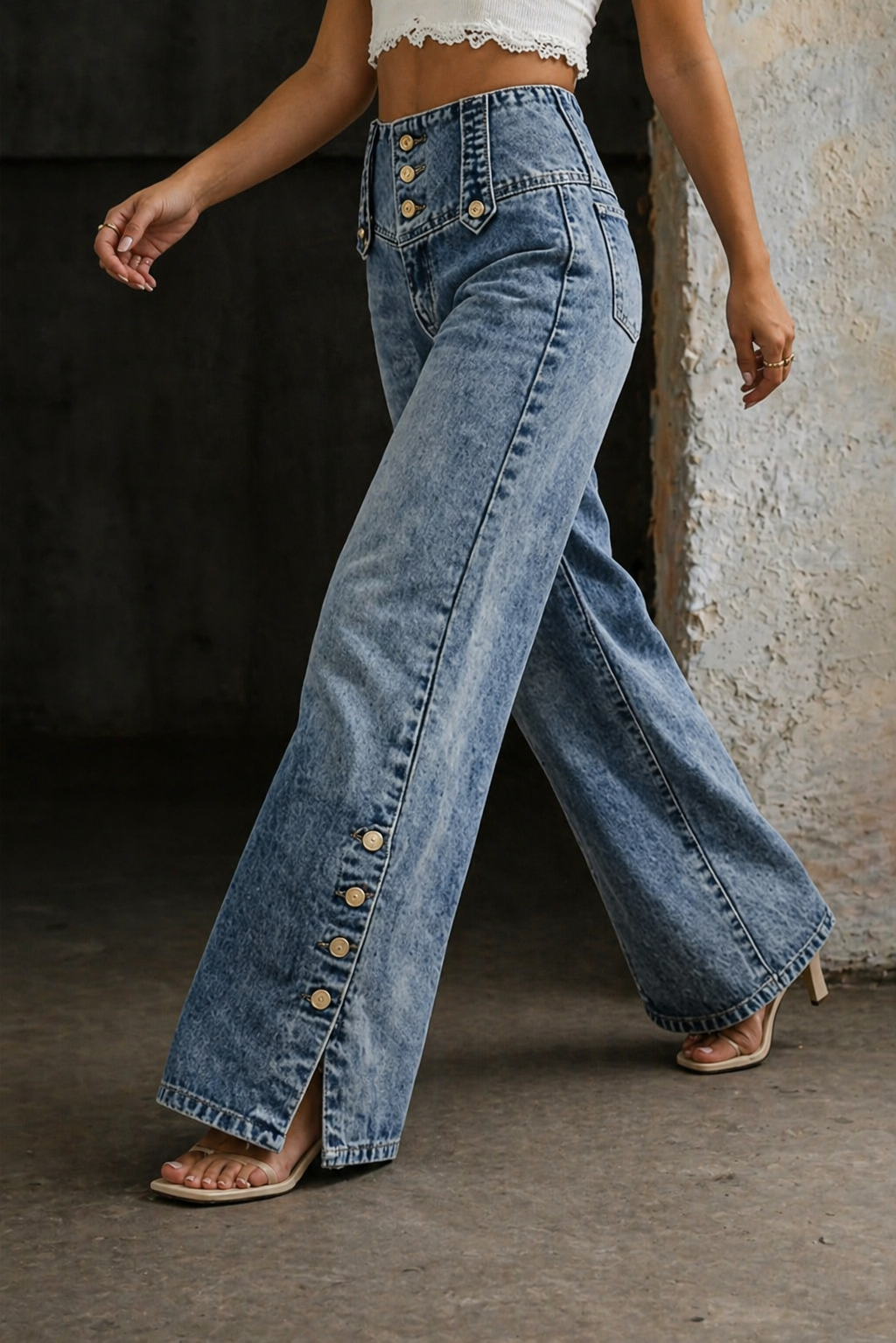 High Waist Button Front Side Button Wide Leg Jeans