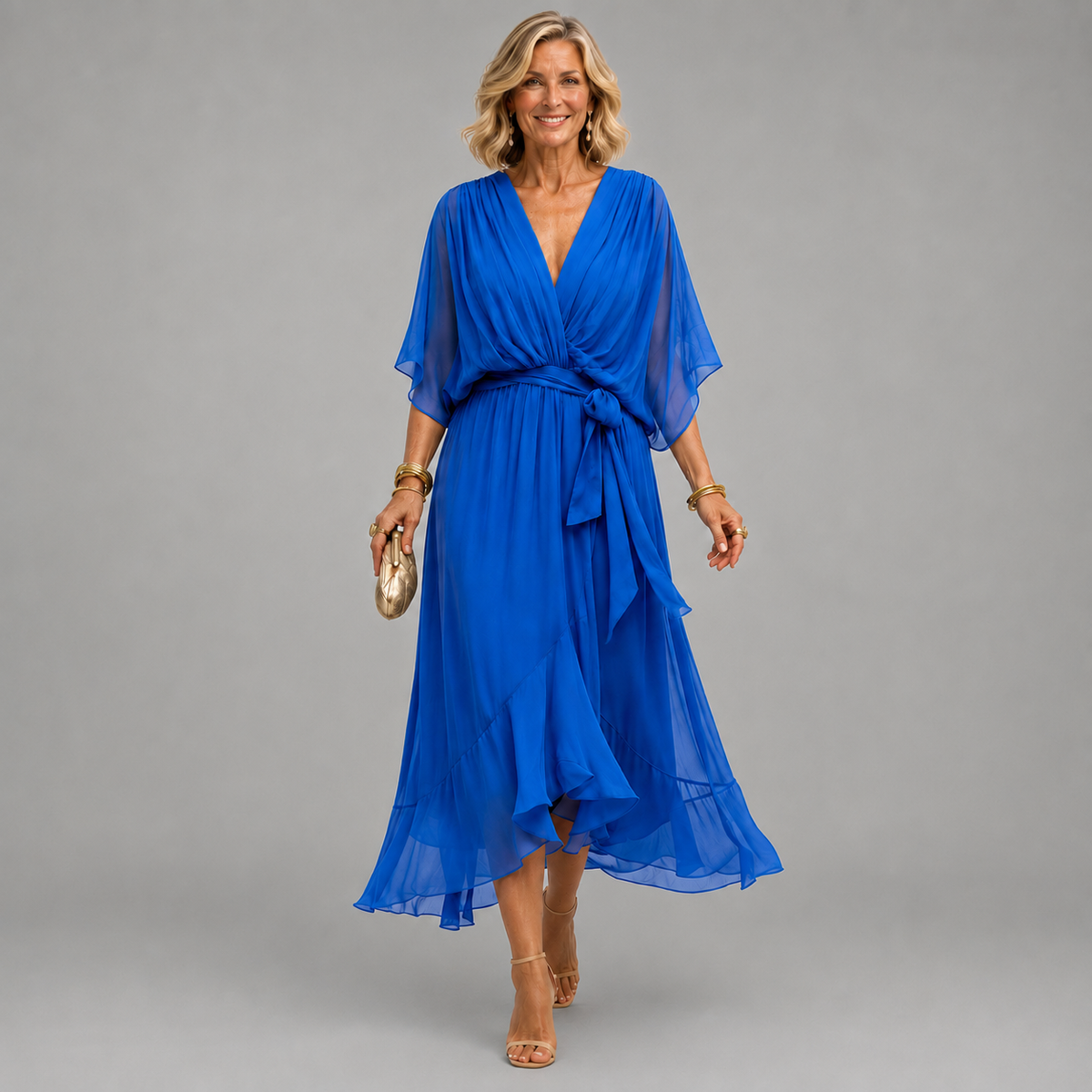 Chiffon V-Neck Kimono Sleeve Tie Waist Ruffle Hem Midi Dress