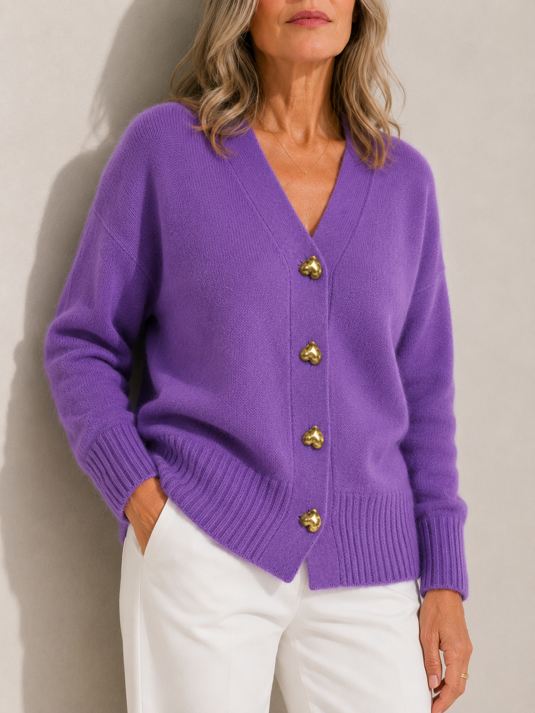V-Neck Heart Button Knit Cardigan