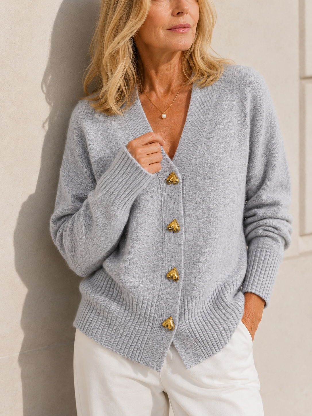 V-Neck Heart Button Knit Cardigan