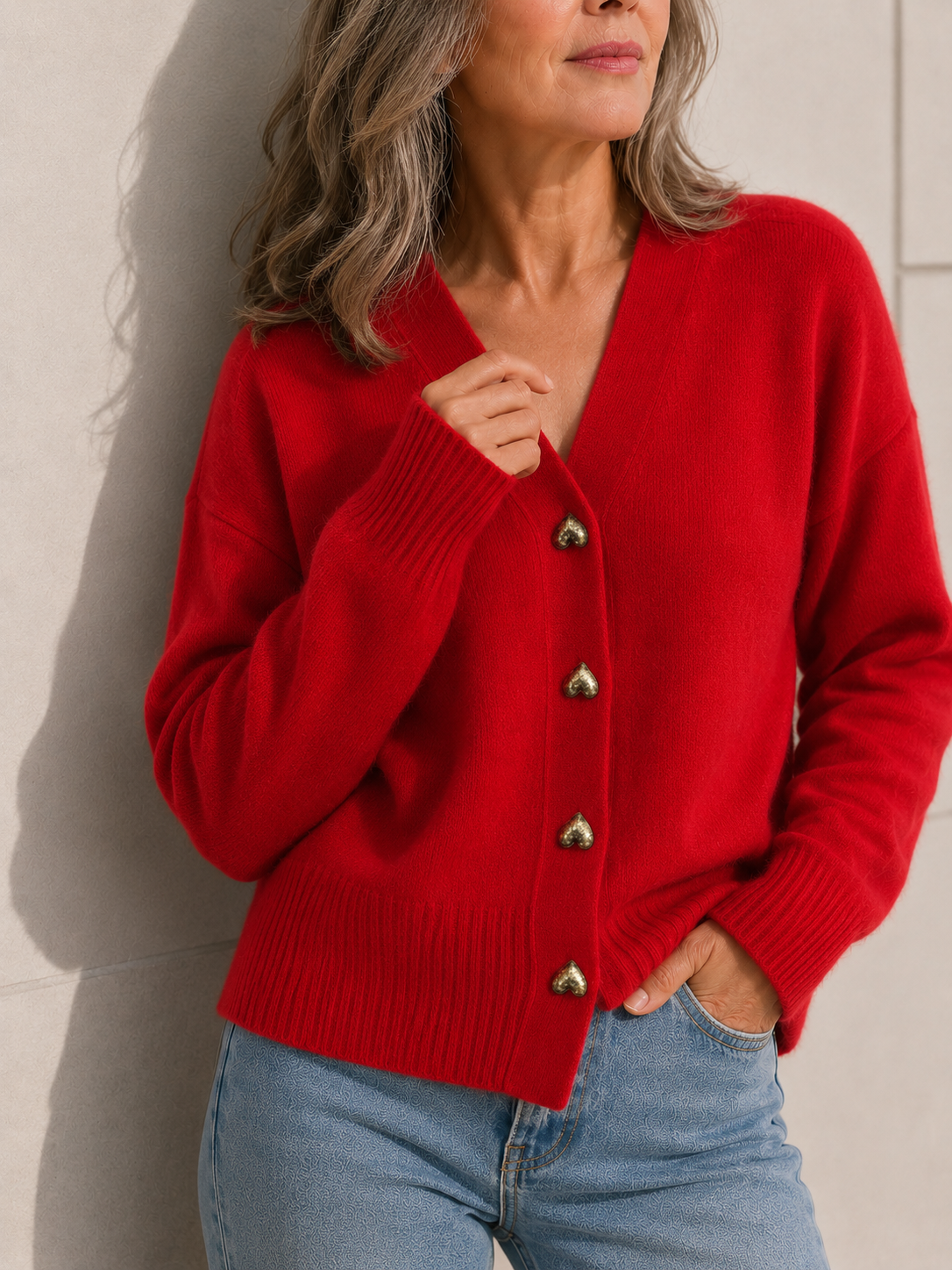 V-Neck Heart Button Knit Cardigan