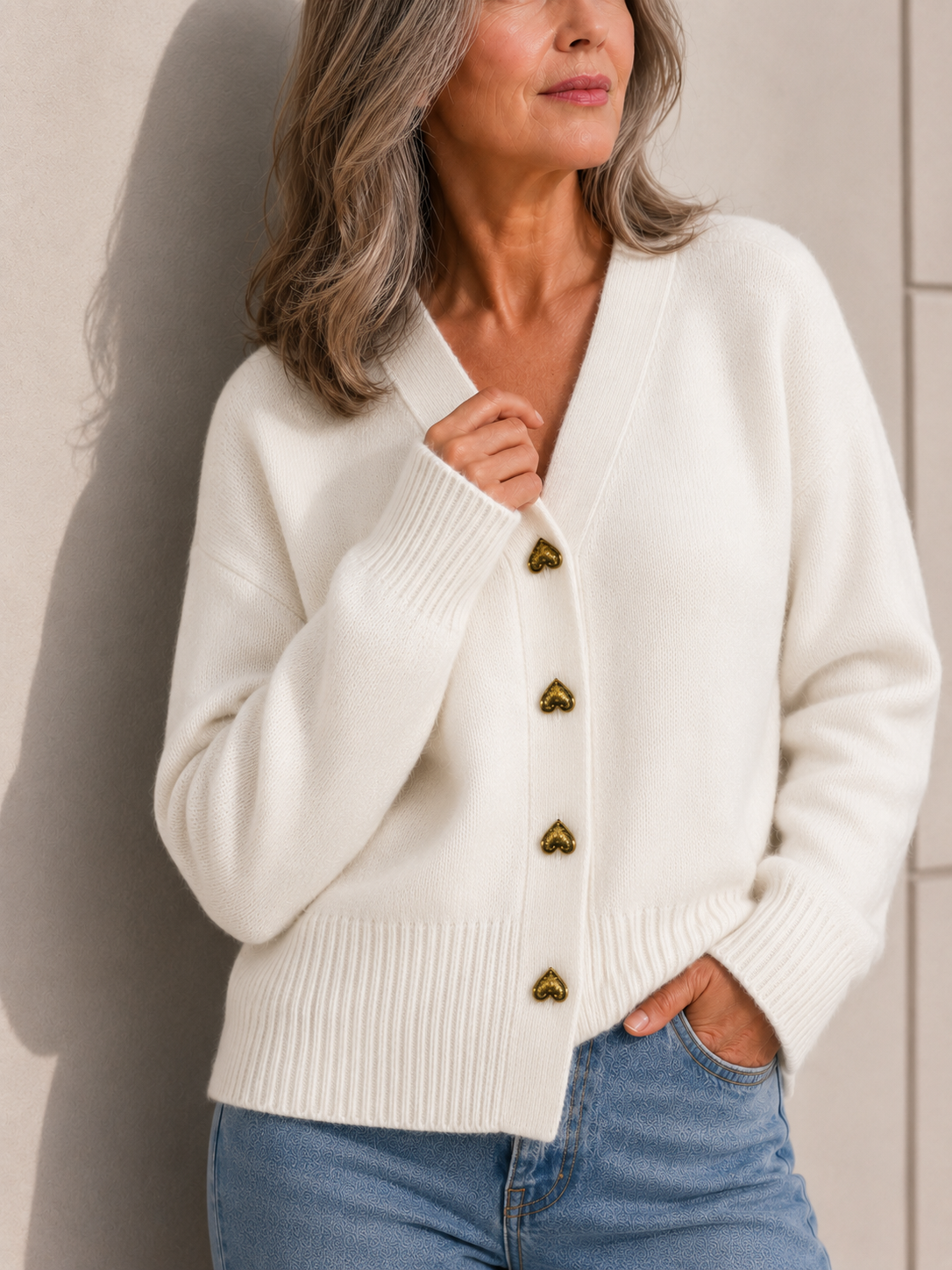 V-Neck Heart Button Knit Cardigan