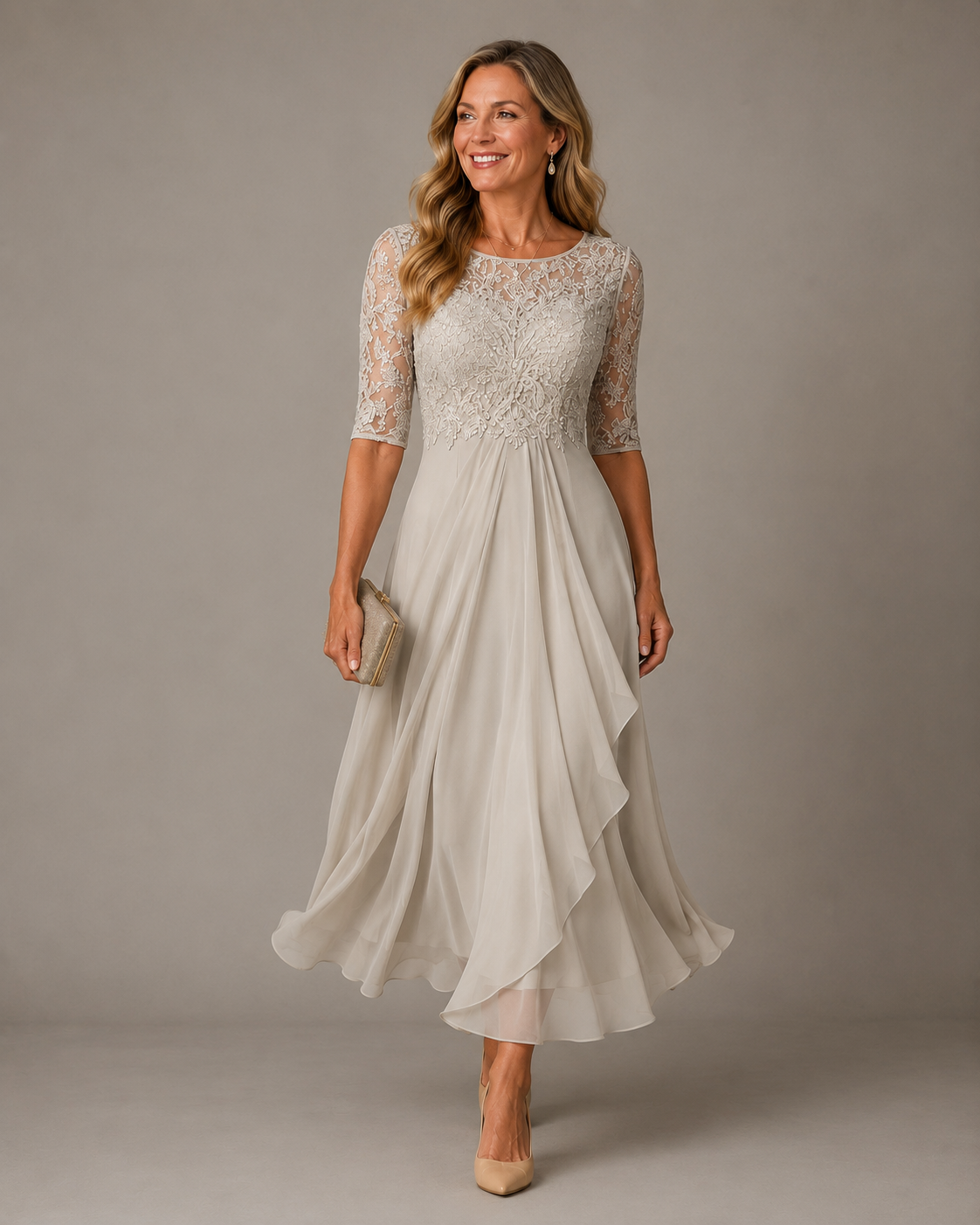 Lace Bodice Half Sleeve Chiffon A-Line Tea Length Dress