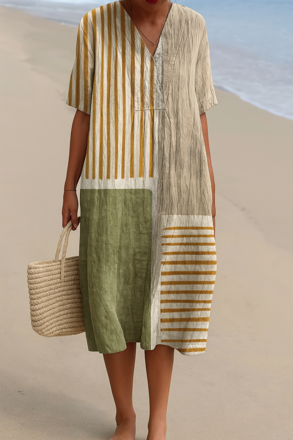 Striped Colorblock V-Neck Short Sleeve Shift Midi Dress