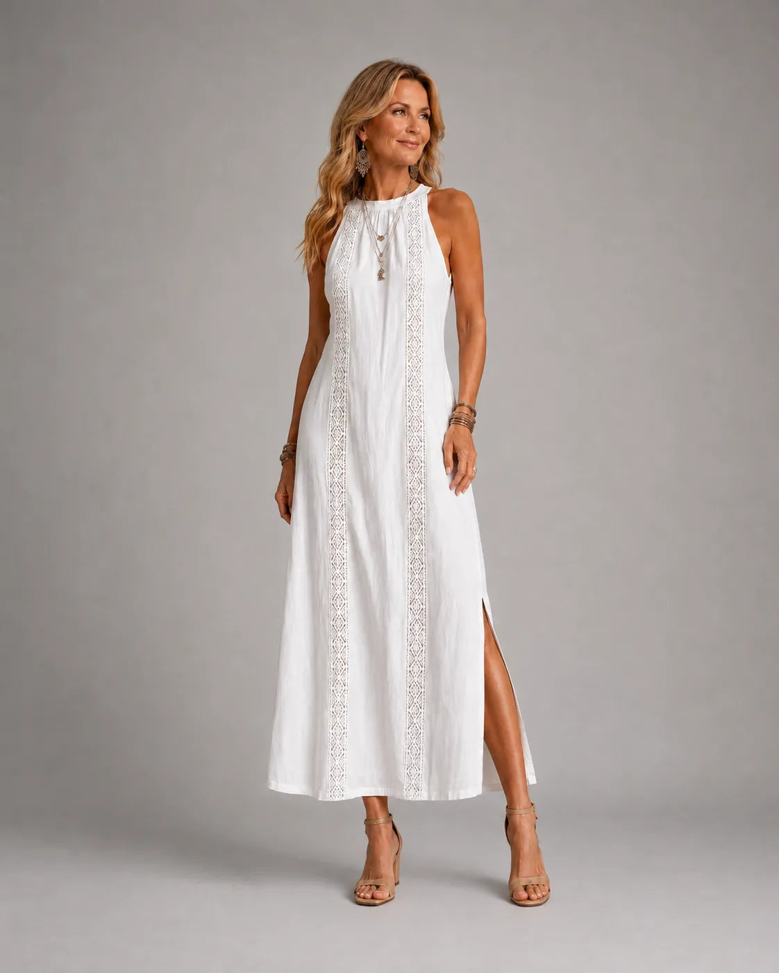 Halter Neck Lace Trim Side Split Maxi Dress