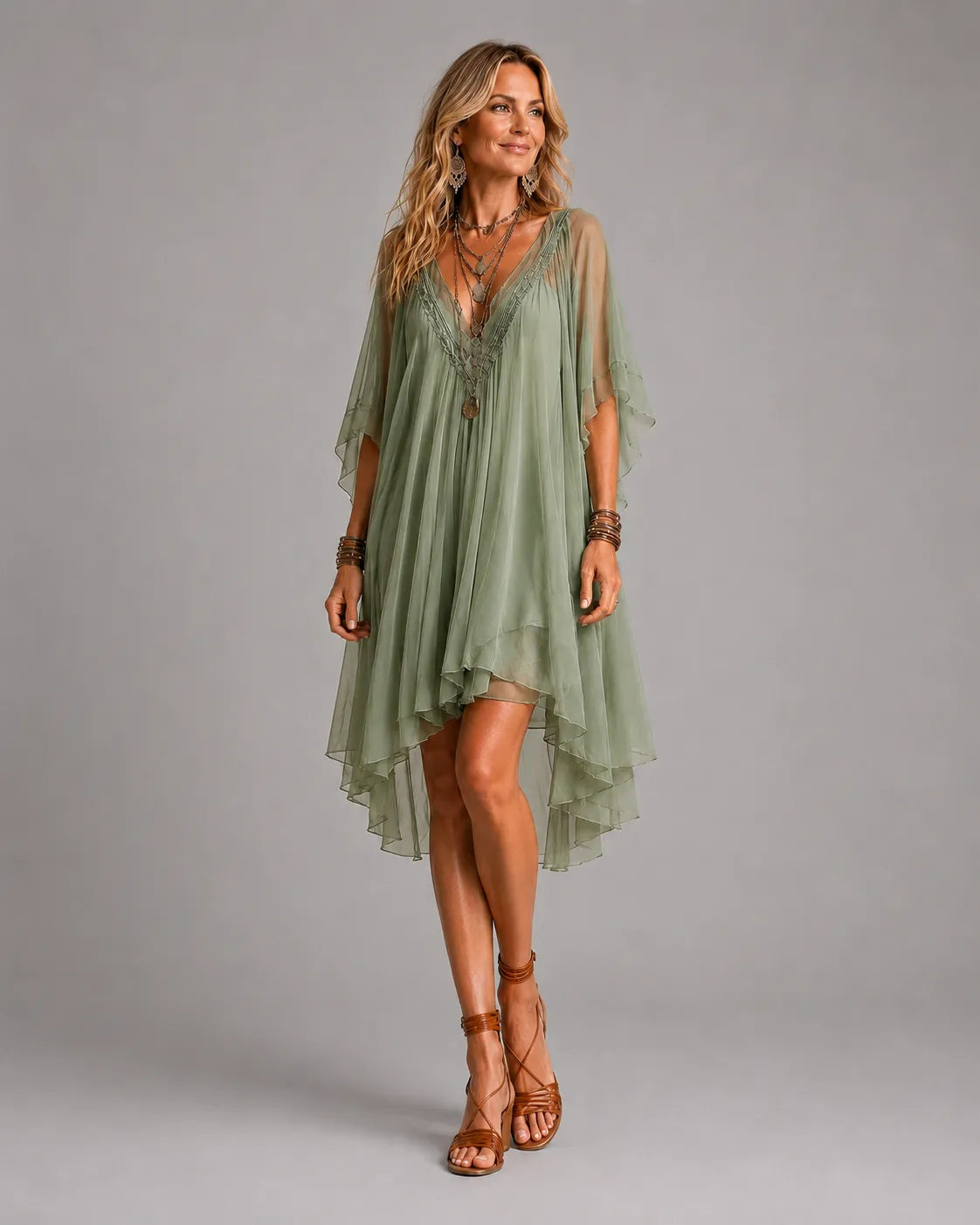 Lace Trim V-Neck Flutter Sleeve High Low Chiffon Dress