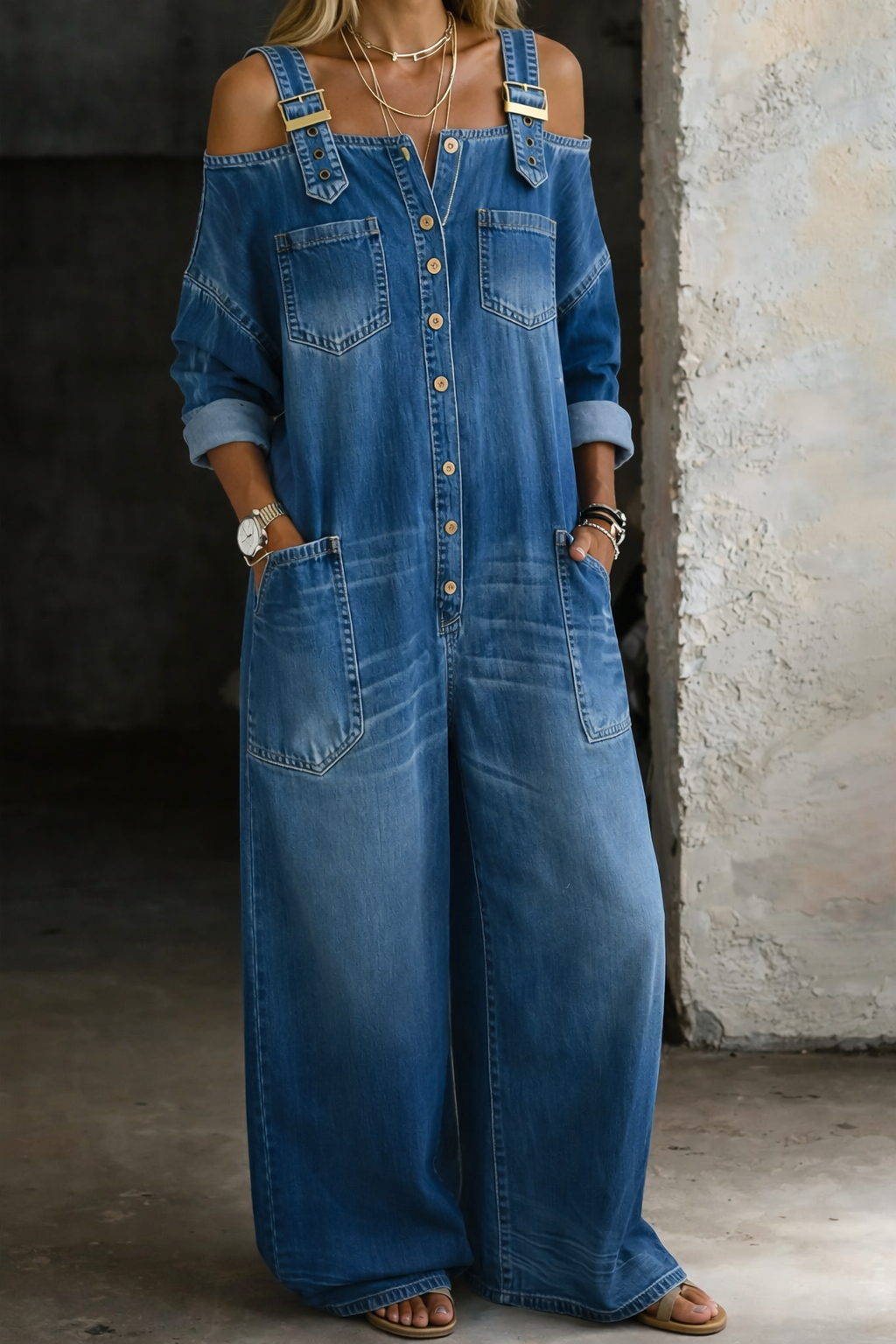 Cold Shoulder Long Sleeve Button Front Wide Leg Denim Jumpsuit