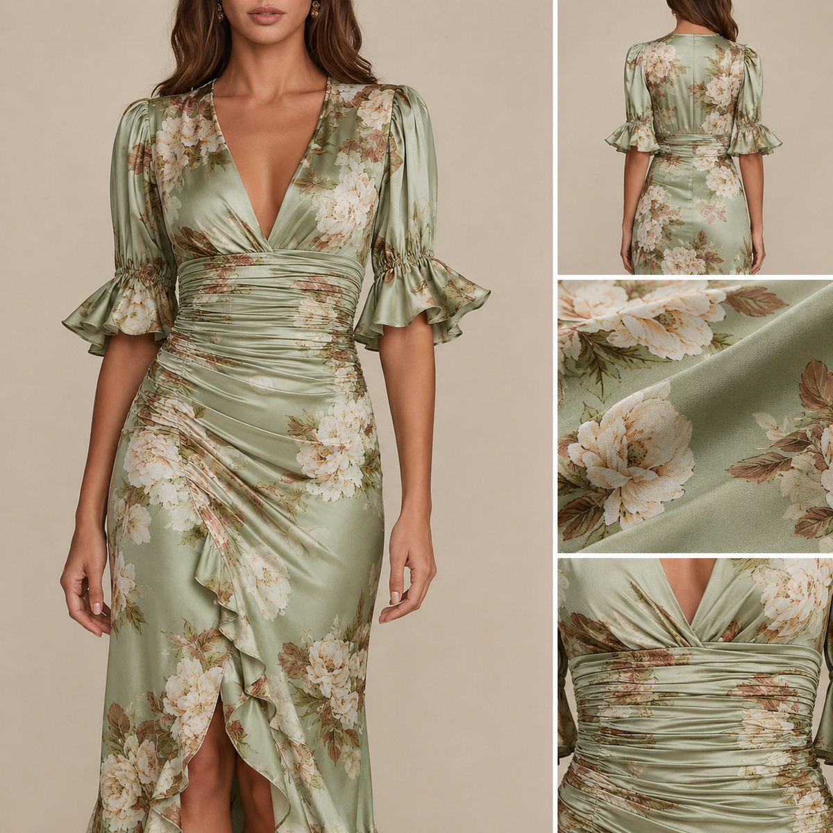 Floral Deep V-Neck Ruffle Sleeve Ruched High Low Maxi Dress