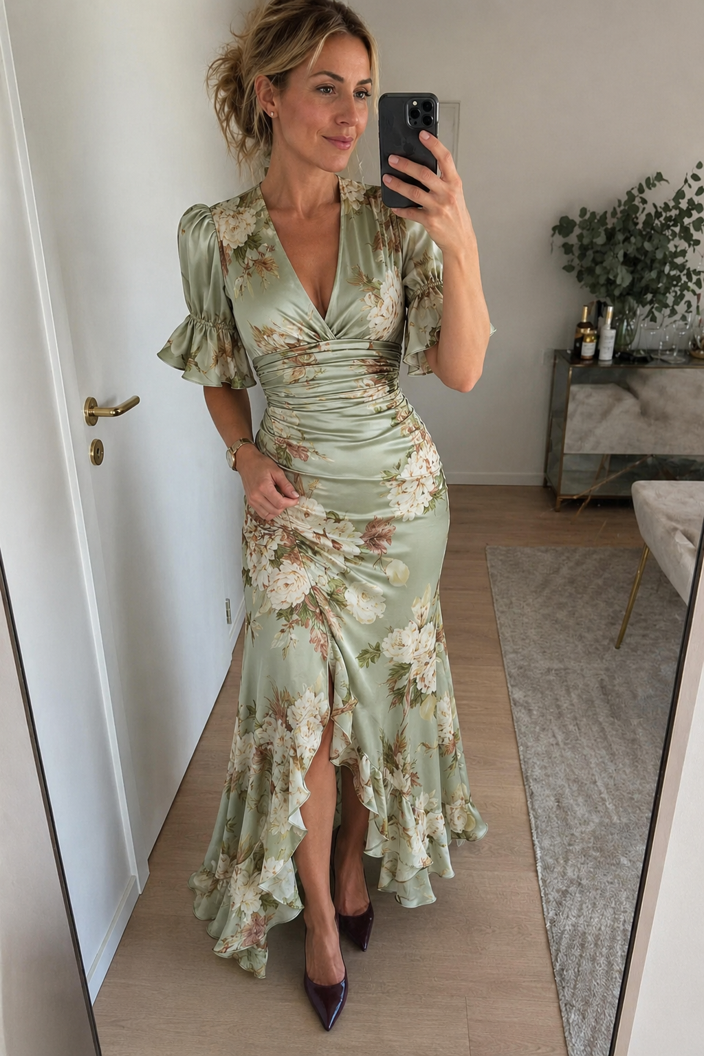 Floral Deep V-Neck Ruffle Sleeve Ruched High Low Maxi Dress