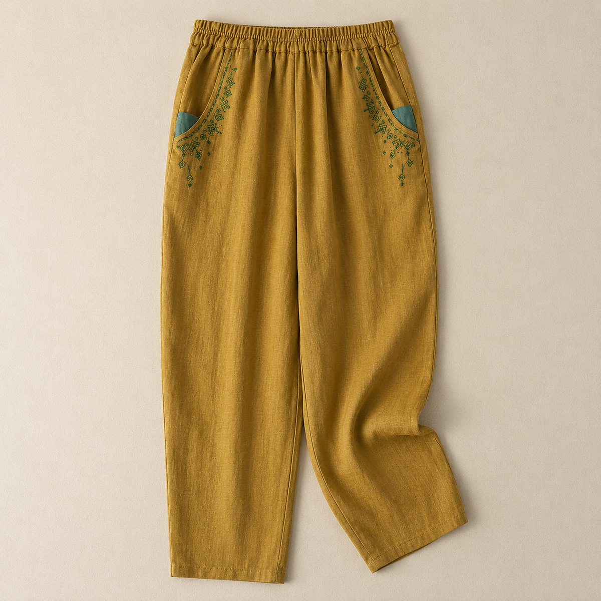 Embroidered Pocket Elastic Waist Linen Look Pants