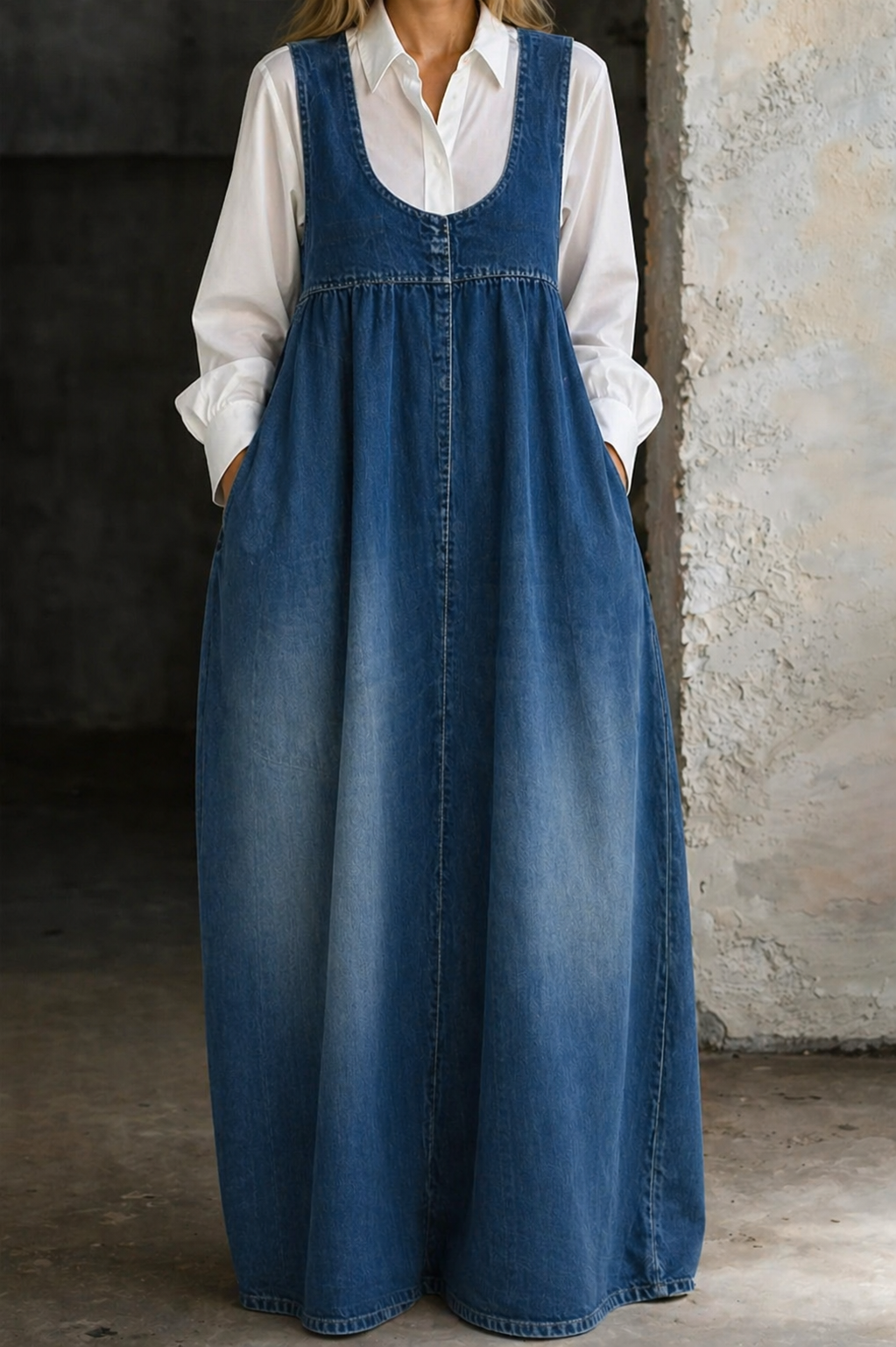 Scoop Neck Sleeveless Denim Pinafore Maxi Dress