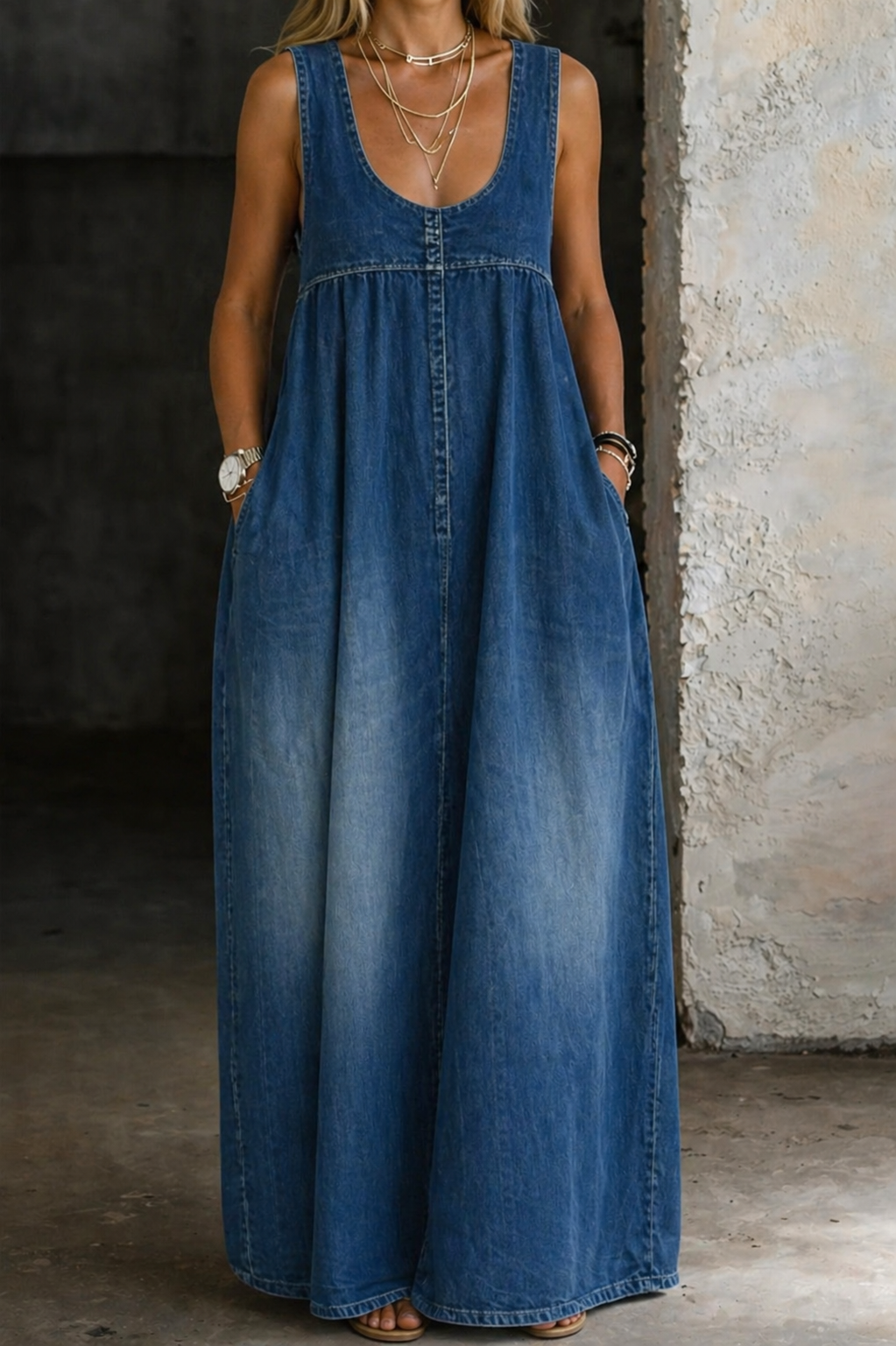 Scoop Neck Sleeveless Denim Pinafore Maxi Dress