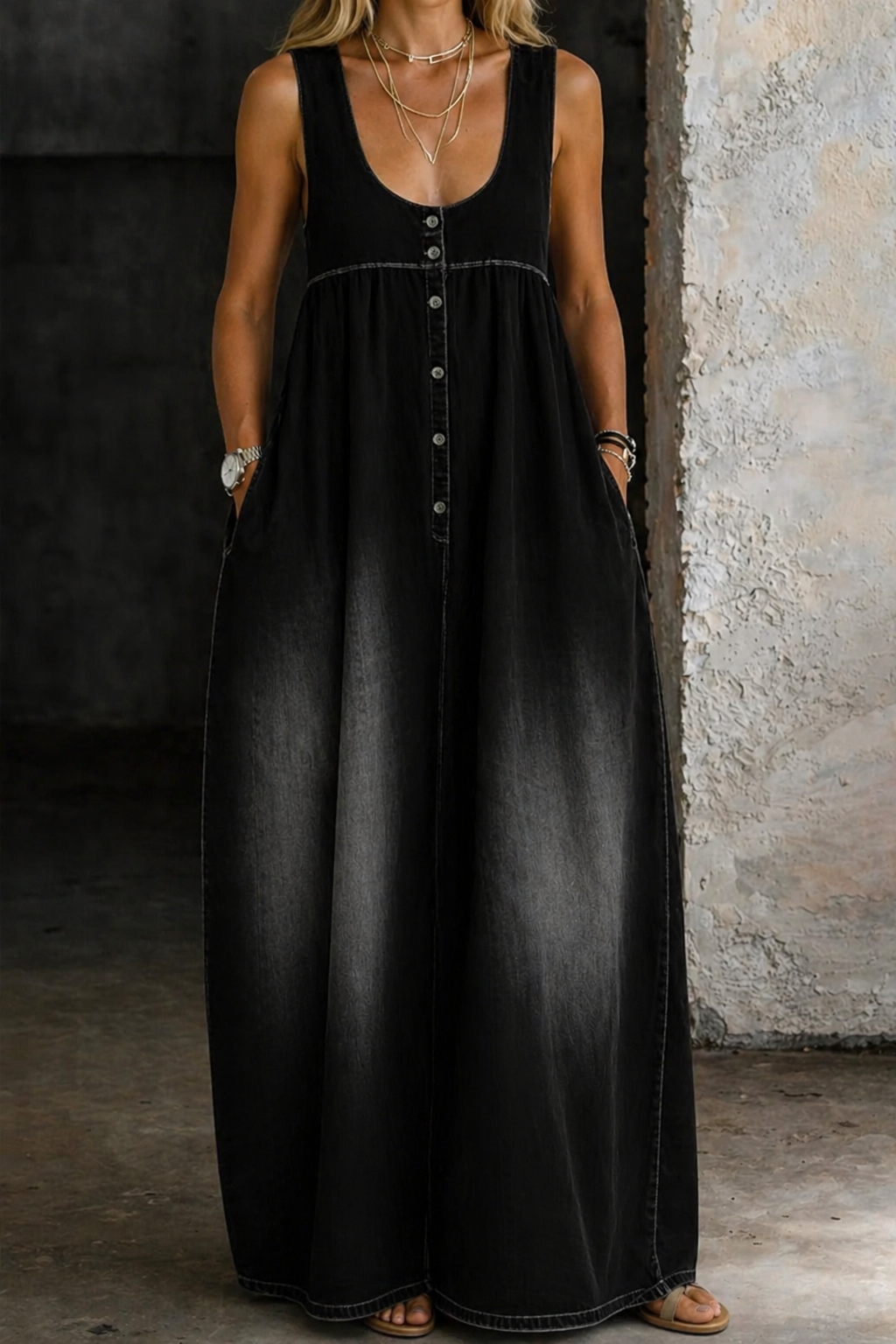 Scoop Neck Sleeveless Denim Pinafore Maxi Dress