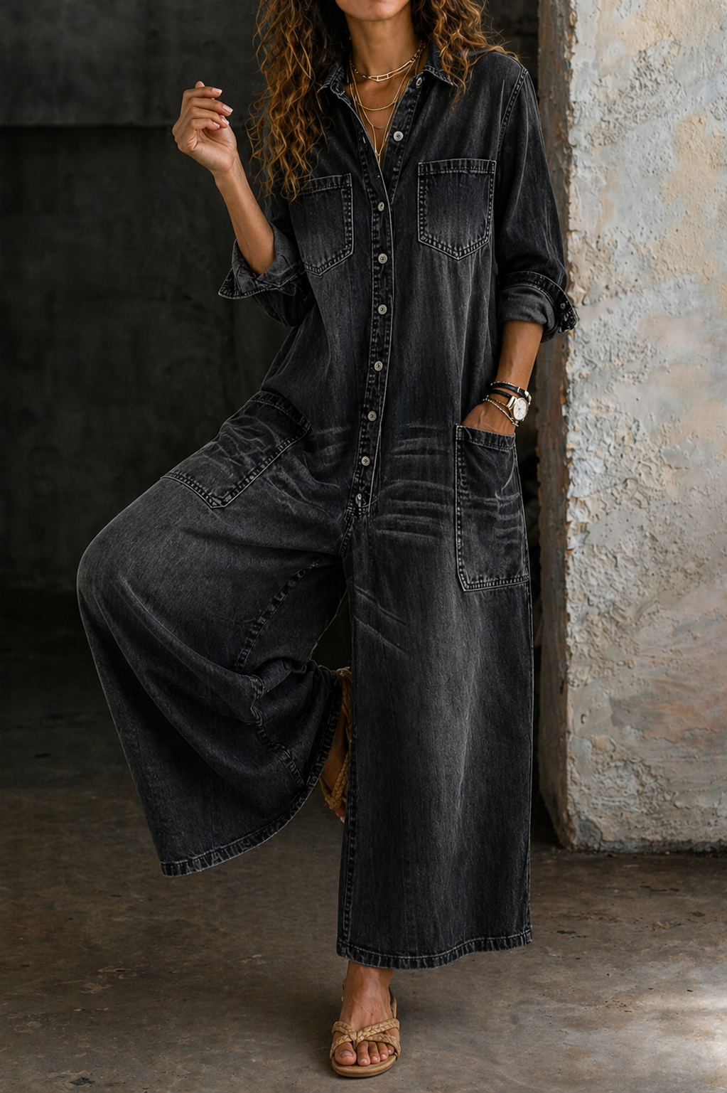 Collared Button Front Denim Wide Leg Jumpsuit