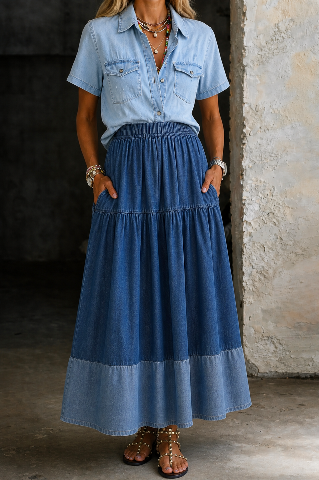 High Waist Elastic Tiered Denim Maxi Skirt