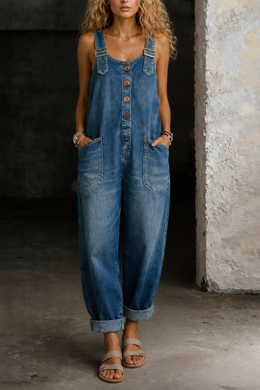 Button Front Wide Leg Denim Overall Jumpsuit