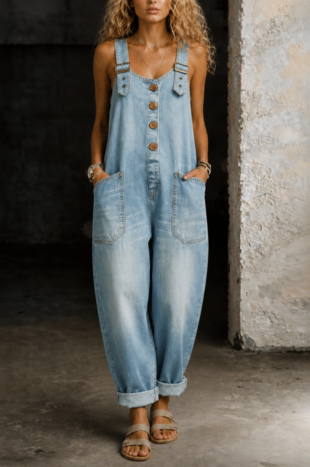Button Front Wide Leg Denim Overall Jumpsuit