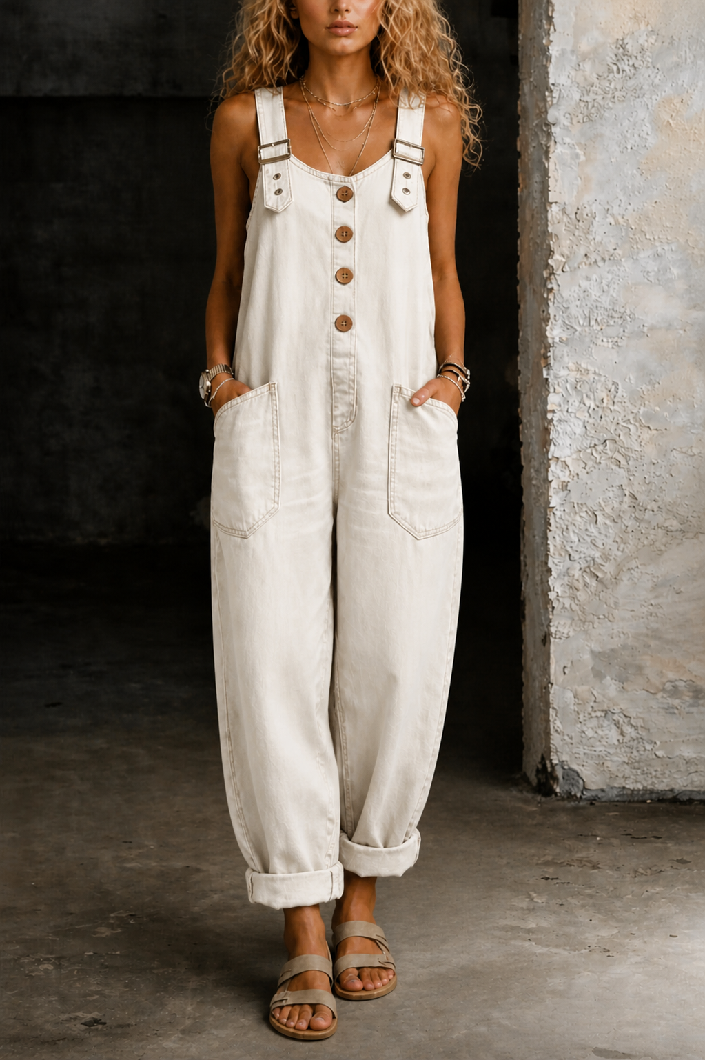 Button Front Wide Leg Denim Overall Jumpsuit