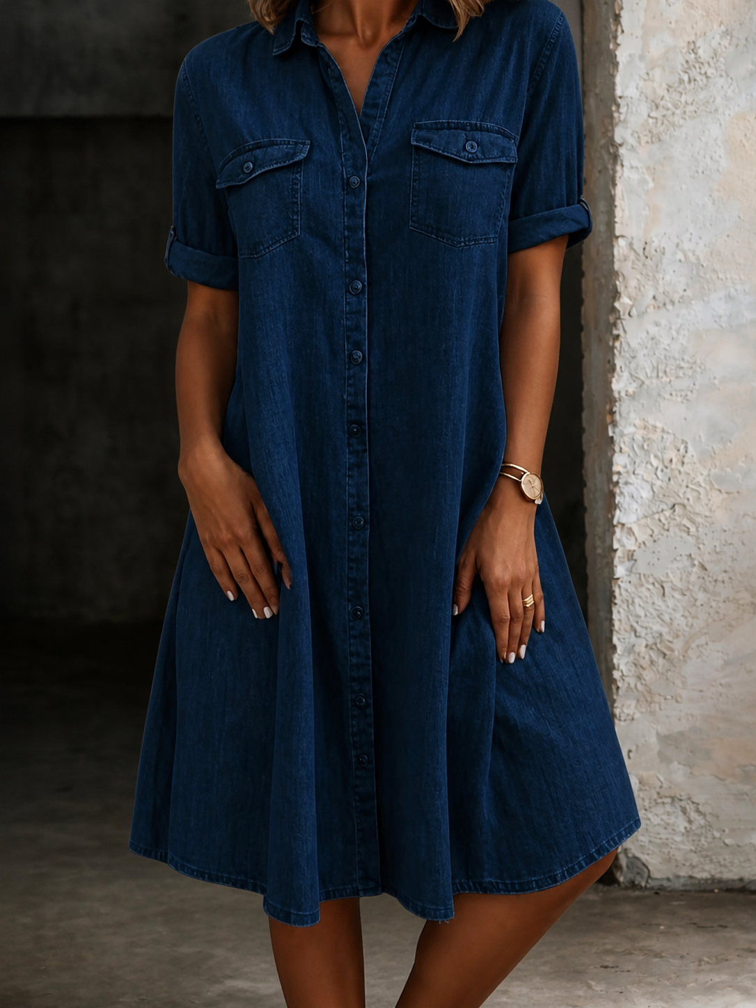 Denim Look Short Sleeve Button Front Pocket Shirt Dress