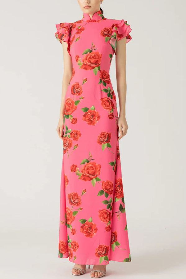 Rose Floral High Neck Flutter Sleeve Mermaid Maxi Dress 3