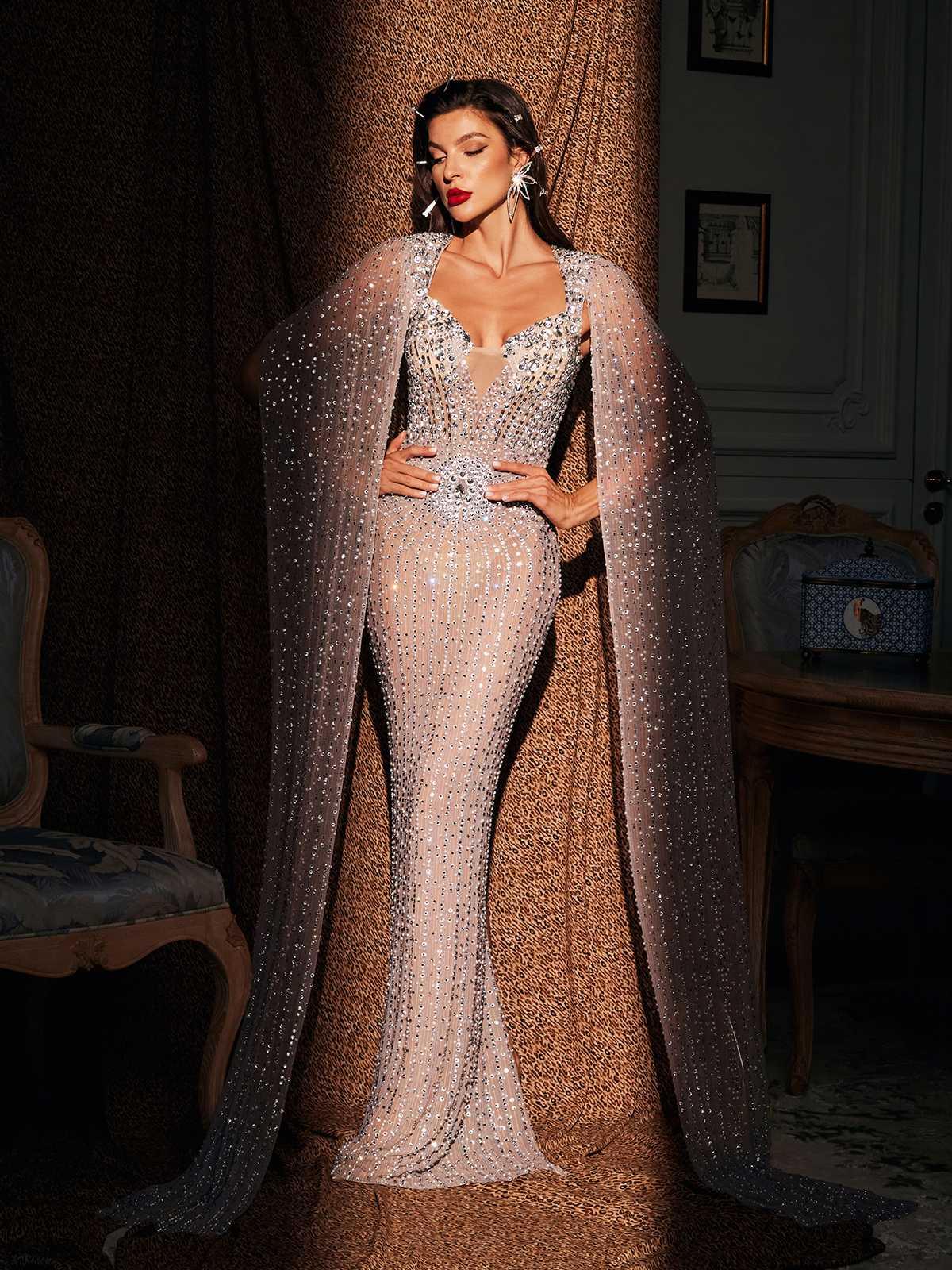 Rhinestone Cape Maxi Dress - View 3