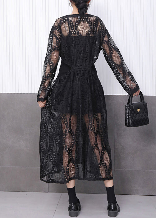 Circle Lace Eyelet Drawstring Waist Long Sleeve Midi Dress