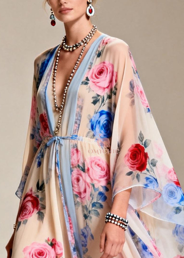 Floral Print Contrast Trim V-Neck Kimono Sleeve Tie Waist Maxi Gown