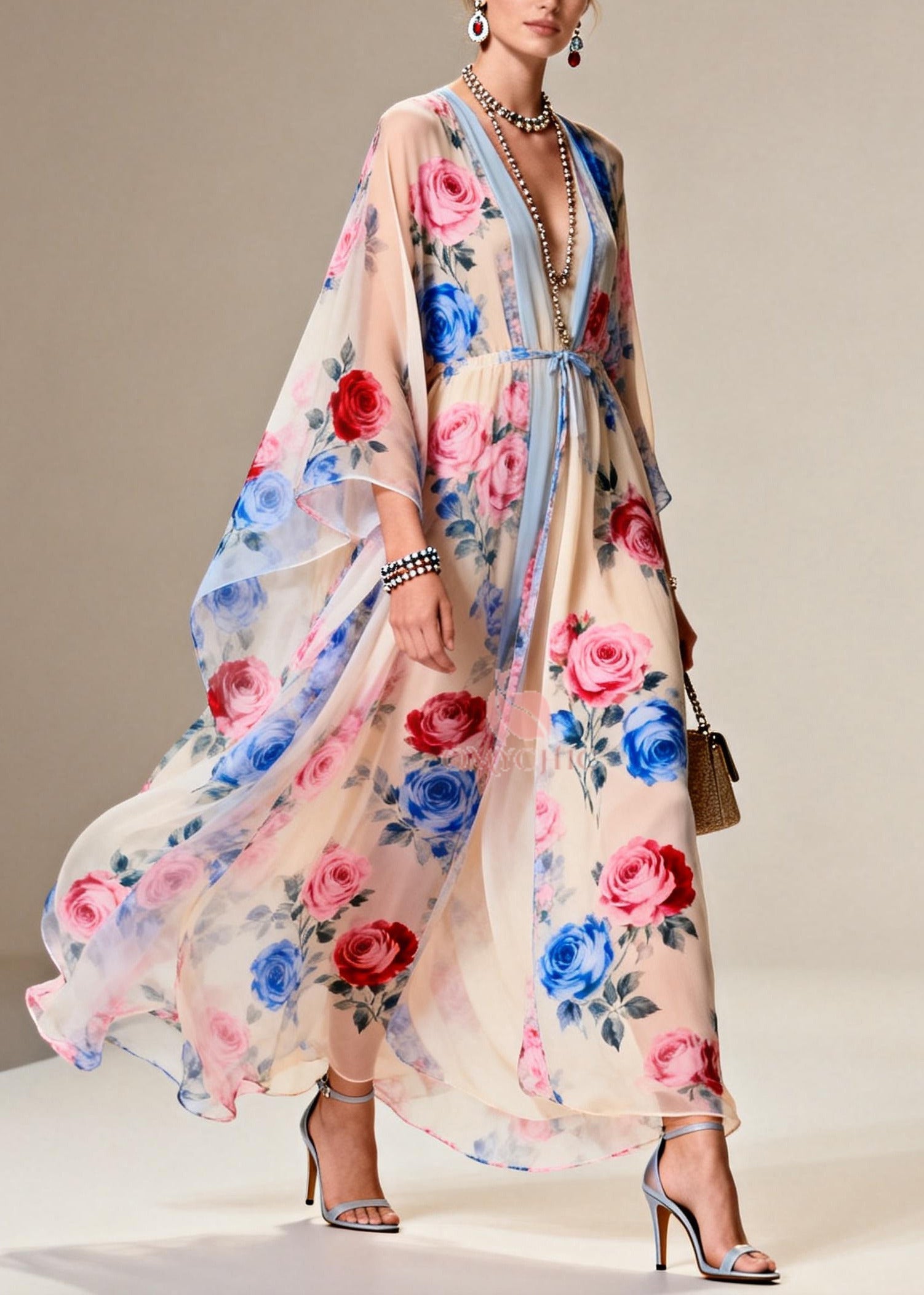 Floral Print Contrast Trim V-Neck Kimono Sleeve Tie Waist Maxi Gown