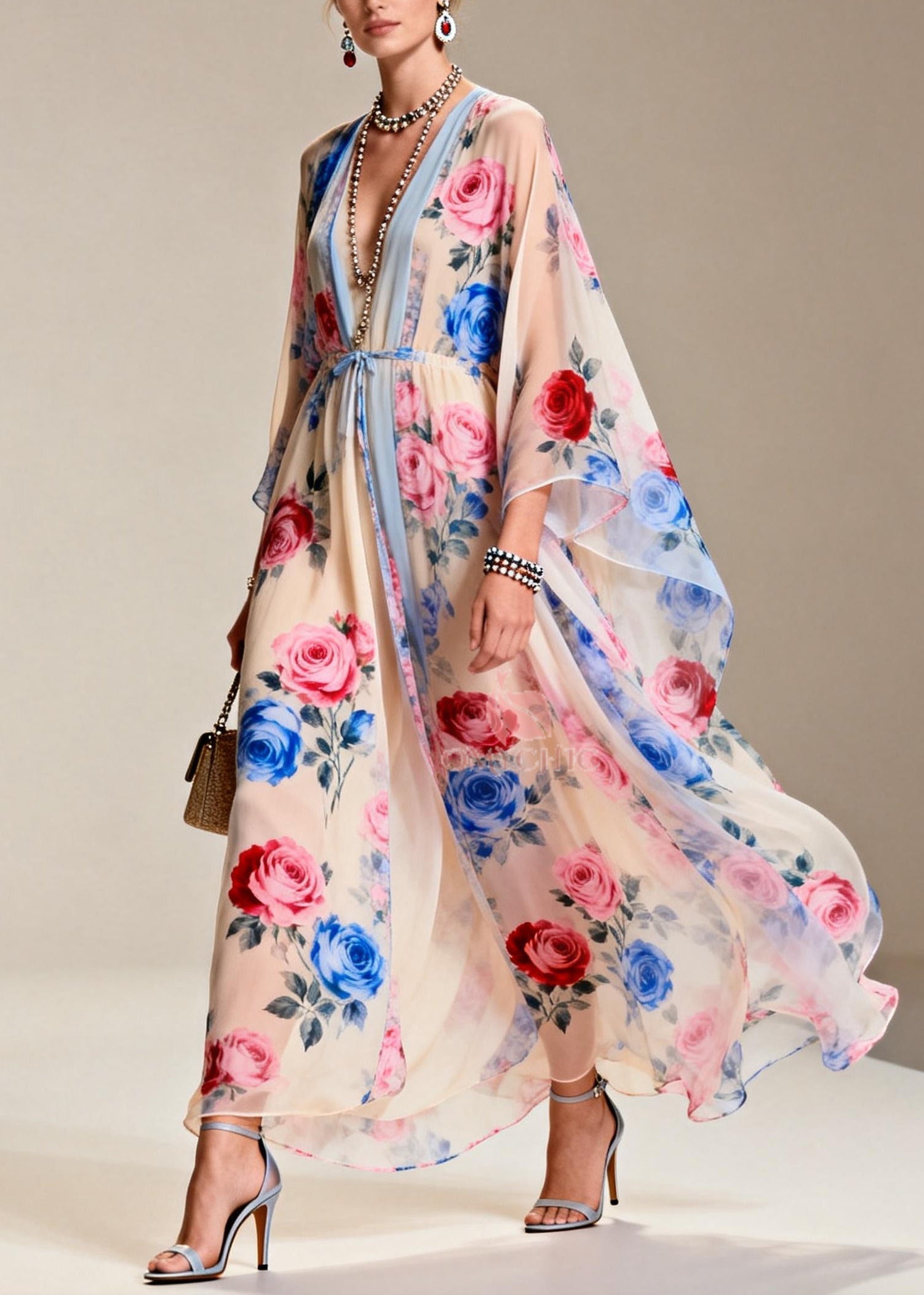 Floral Print Contrast Trim V-Neck Kimono Sleeve Tie Waist Maxi Gown