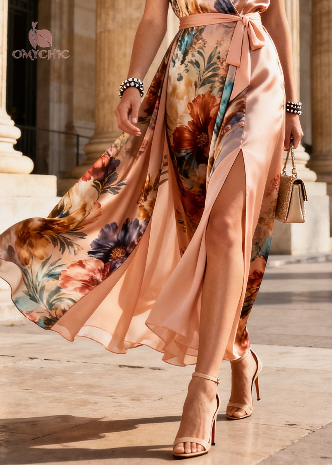 Satin Floral Wrap V-Neck Sleeveless High Split Maxi Dress