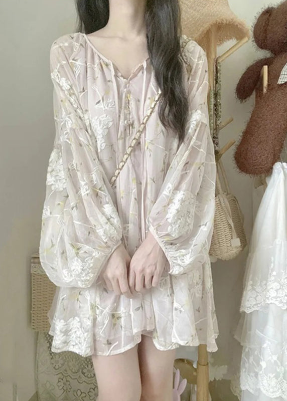 Mesh Floral Embroidered Tie Front Ruffle V-Neck Balloon Sleeve Mini Dress
