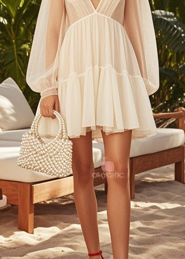 Lace Trim Deep V-Neck Empire Waist Tiered Lantern Sleeve Mini Dress