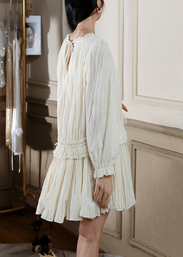 Chic Apricot Wrinkled Lace Up Silk Cotton Mini Dress Fall - View 5