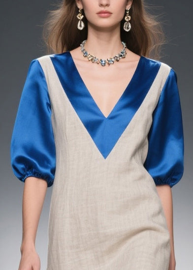 Deep V-Neck Elbow Puff Sleeve Satin Trim Woven Asymmetrical Flounce Midi Dress