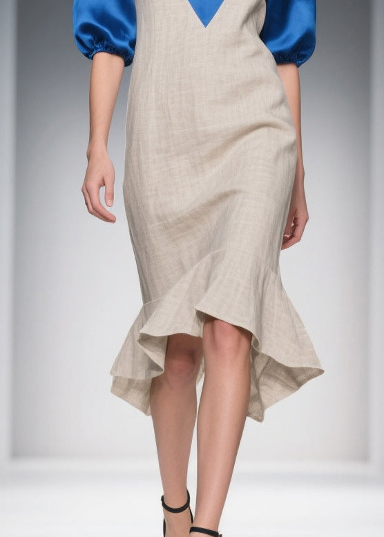 Deep V-Neck Elbow Puff Sleeve Satin Trim Woven Asymmetrical Flounce Midi Dress