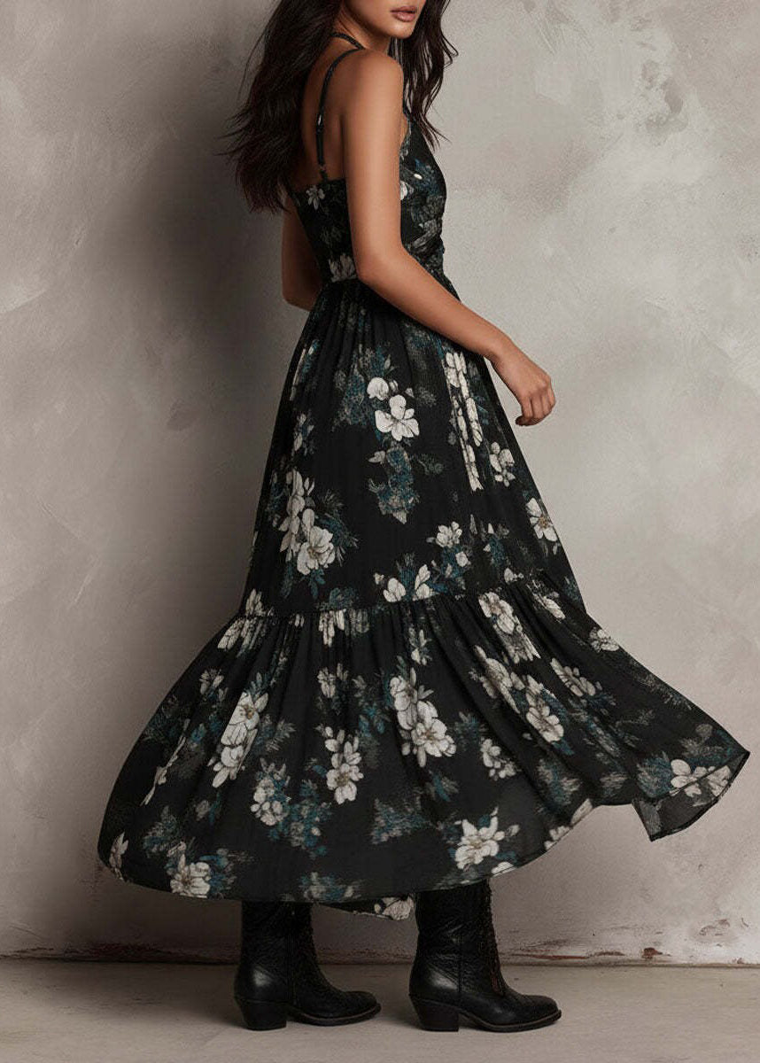 Chic Black Asymmetrical Print Cotton Spaghetti Strap Dress Summer