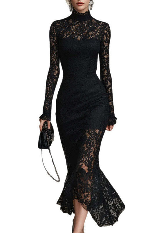 Floral Lace Mock Neck Long Sleeve Ruffle Cuff Mermaid Hem Midi Dress