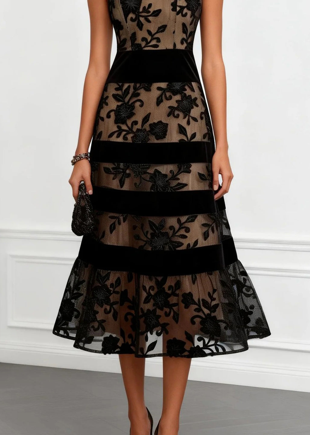 Mesh Floral Embroidery Boat Neck Velvet Band Tiered Hem Midi Dress