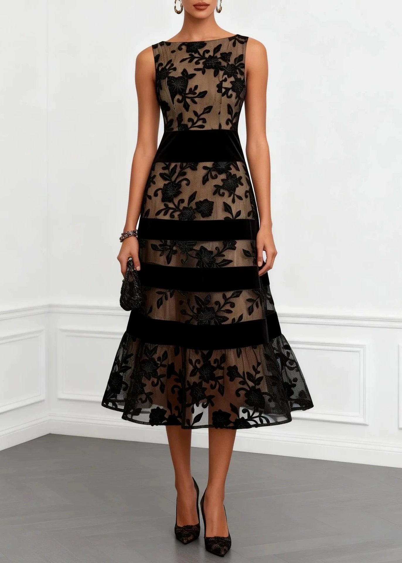 Mesh Floral Embroidery Boat Neck Velvet Band Tiered Hem Midi Dress