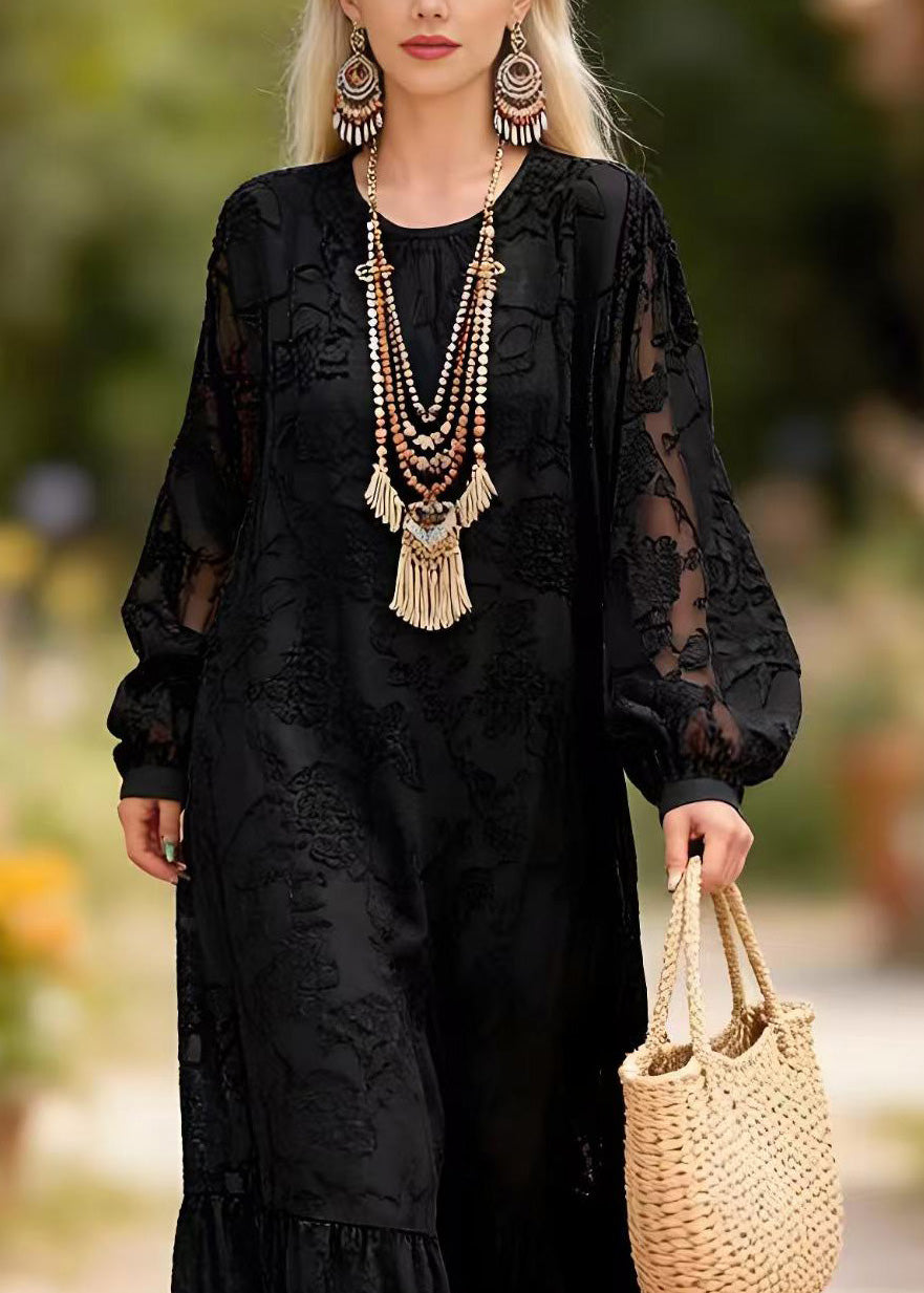 Lace Round Neck Bishop Sleeve Tiered Ruffle Hem Maxi Dress