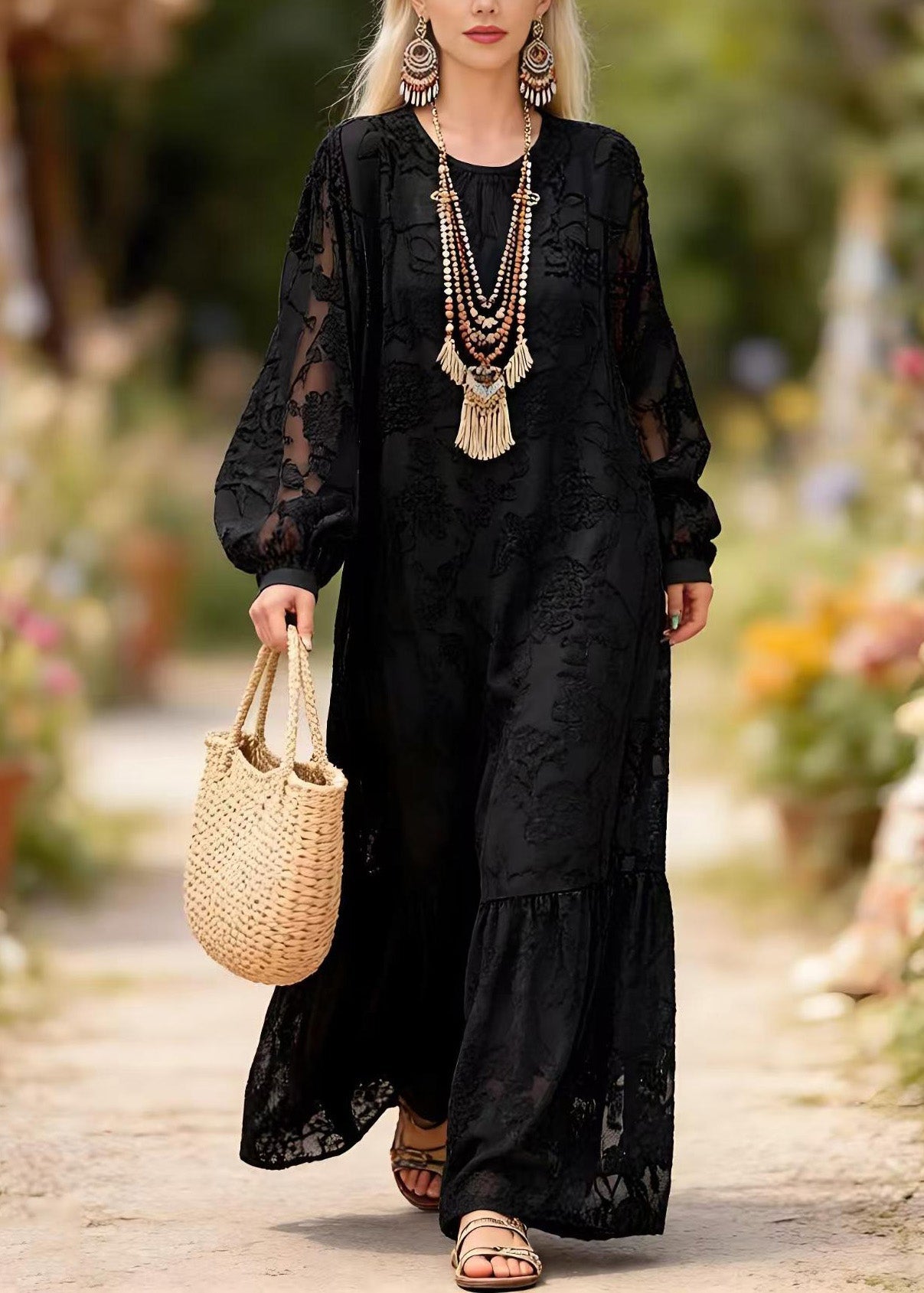 Lace Round Neck Bishop Sleeve Tiered Ruffle Hem Maxi Dress