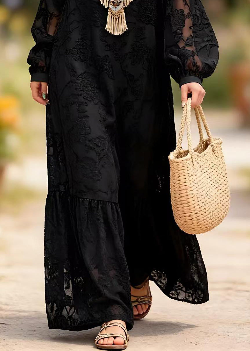 Lace Round Neck Bishop Sleeve Tiered Ruffle Hem Maxi Dress