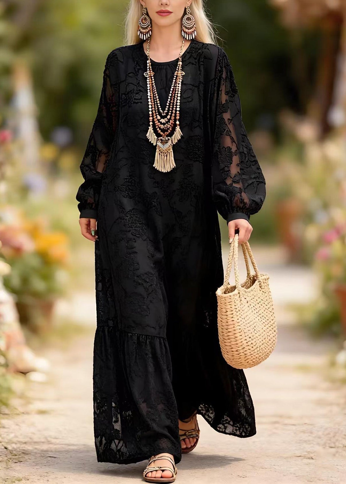 Lace Round Neck Bishop Sleeve Tiered Ruffle Hem Maxi Dress