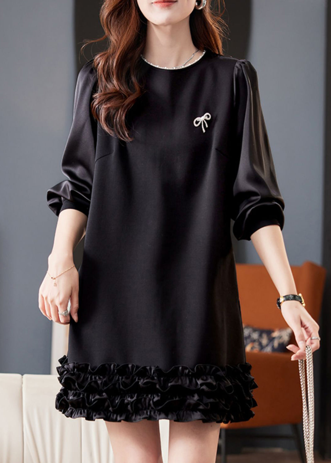 Pearl Trim Crew Neck Lantern Sleeve Tiered Ruffle Hem Mini Dress